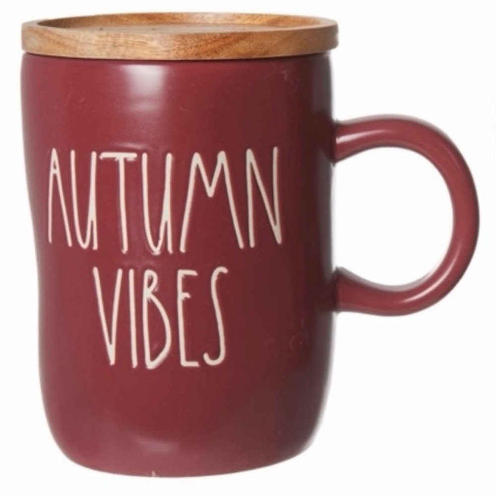 Rae Dunn Burgundy “Autumn Vibes”Fall Mug With Wooden Lid